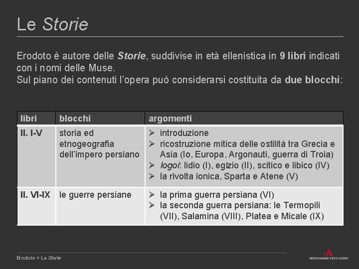 Le Storie Erodoto è autore delle Storie, suddivise in età ellenistica in 9 libri