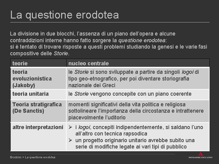 La questione erodotea La divisione in due blocchi, l’assenza di un piano dell’opera e