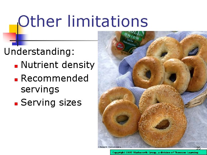 Other limitations Understanding: n Nutrient density n Recommended servings n Serving sizes 35 Copyright