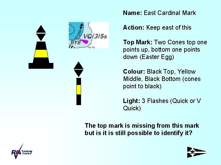 Name: East Cardinal Mark Action: Keep east of this Top Mark: Two Cones top