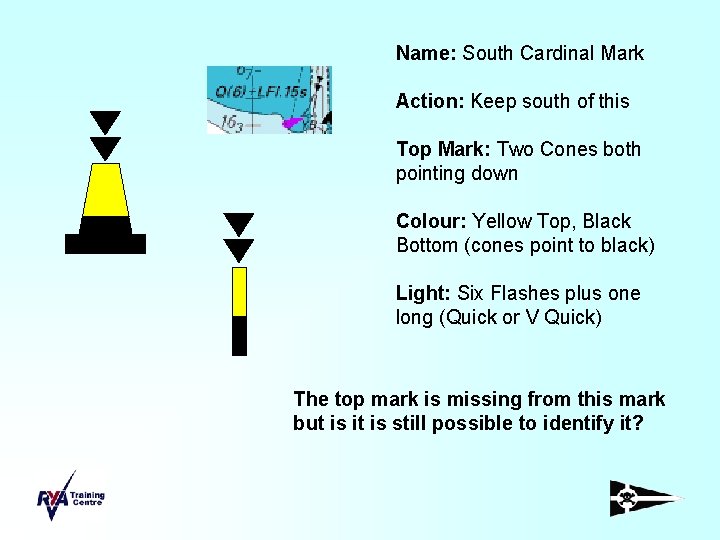 Name: South Cardinal Mark Action: Keep south of this Top Mark: Two Cones both
