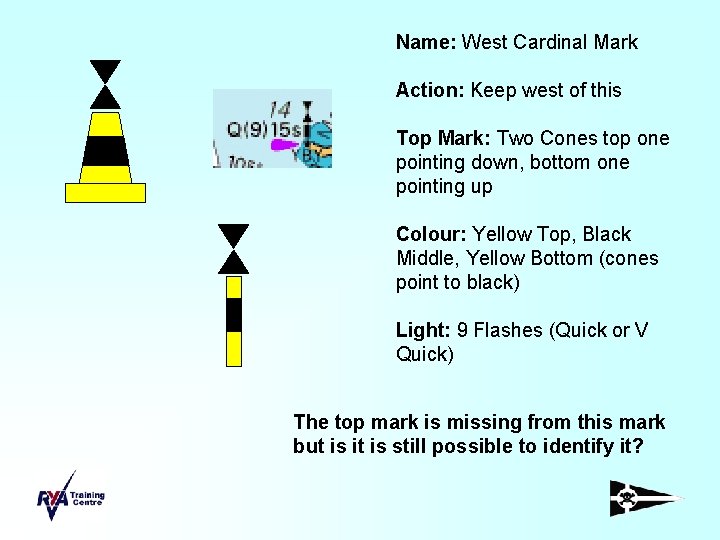 Name: West Cardinal Mark Action: Keep west of this Top Mark: Two Cones top