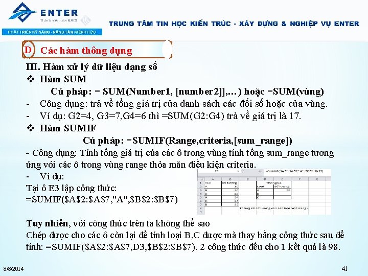 D Các hàm thông dụng III. Hàm xử lý dữ liệu dạng số v