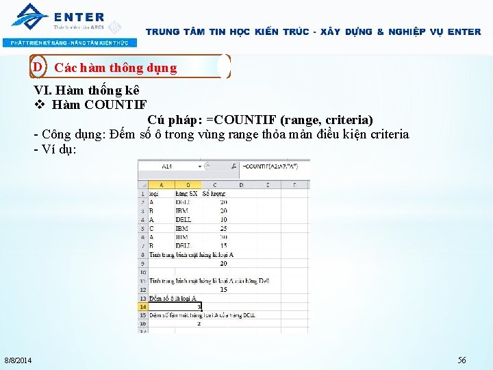 D Các hàm thông dụng VI. Hàm thống kê v Hàm COUNTIF Cú pháp: