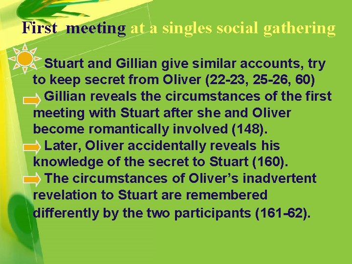 First meeting at a singles social gathering Stuart and Gillian give similar accounts, try