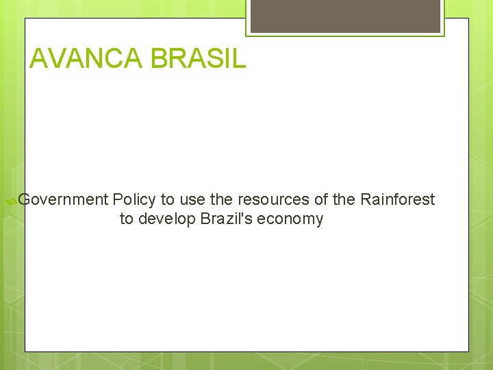 AVANCA BRASIL Government Policy to use the resources of the Rainforest to develop Brazil's