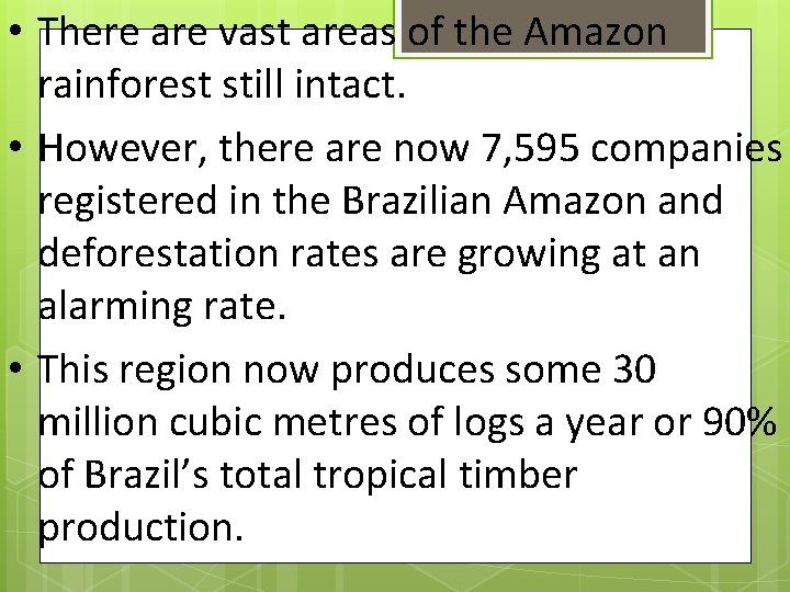  • There are vast areas of the Amazon rainforest still intact. • However,