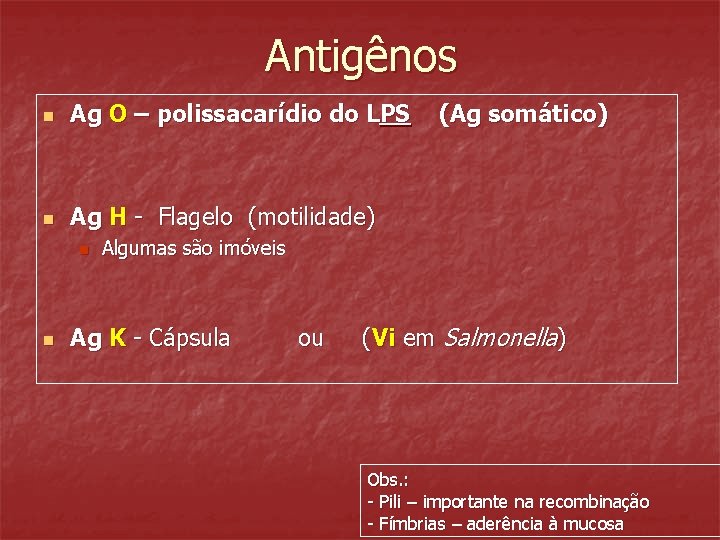 Antigênos n Ag O – polissacarídio do LPS n Ag H - Flagelo (motilidade)