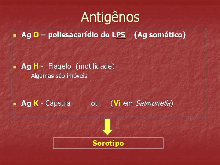 Antigênos n Ag O – polissacarídio do LPS n Ag H - Flagelo (motilidade)