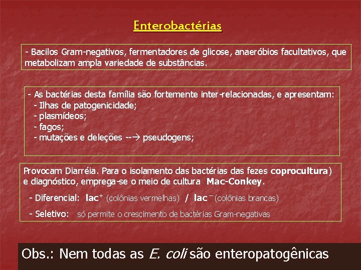 Enterobactérias - Bacilos Gram-negativos, fermentadores de glicose, anaeróbios facultativos, que metabolizam ampla variedade de