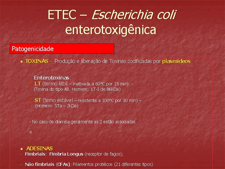 ETEC – Escherichia coli enterotoxigênica Patogenicidade n TOXINAS - Produção e liberação de Toxinas