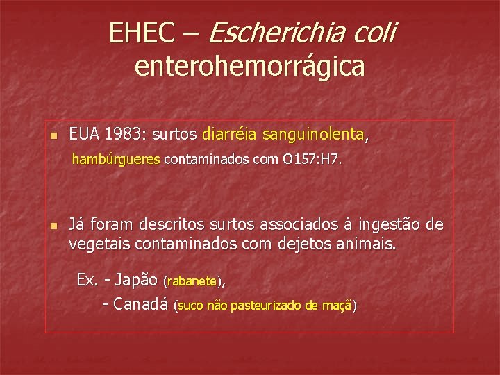 EHEC – Escherichia coli enterohemorrágica n EUA 1983: surtos diarréia sanguinolenta, hambúrgueres contaminados com