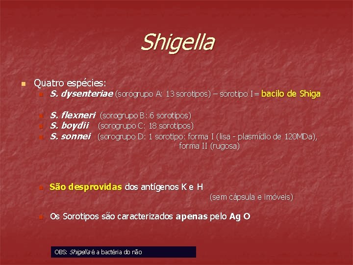 Shigella n Quatro espécies: n S. dysenteriae (sorogrupo A: 13 sorotipos) – sorotipo I=