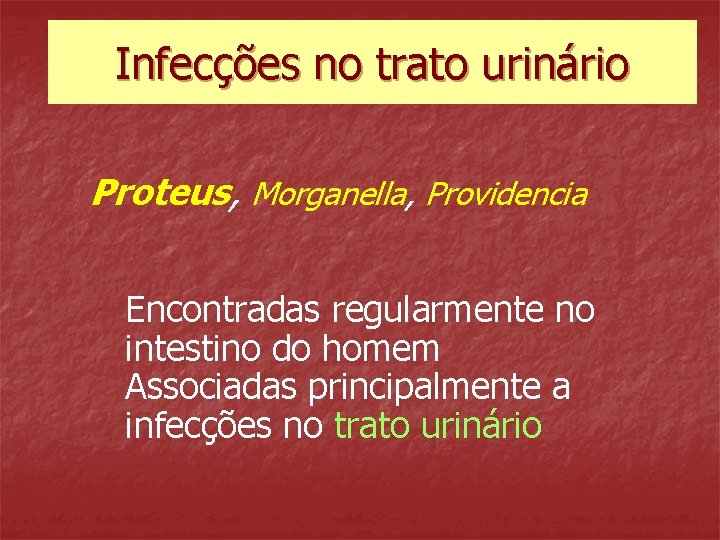 Infecções no trato urinário Proteus, Morganella, Providencia Encontradas regularmente no intestino do homem Associadas