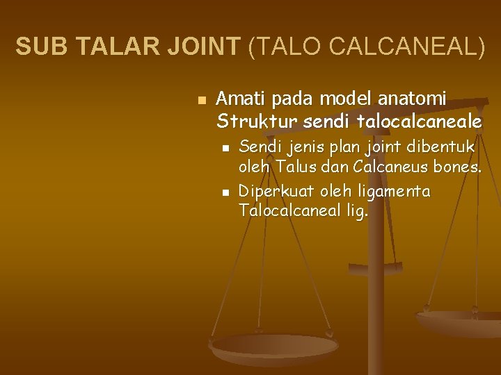 SUB TALAR JOINT (TALO CALCANEAL) n Amati pada model anatomi Struktur sendi talocalcaneale n