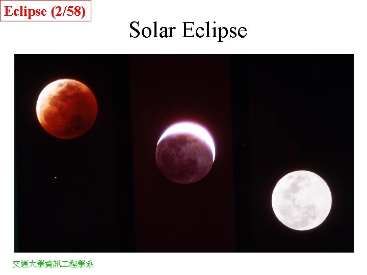 Eclipse (2/58) 交通大學資訊 程學系 Solar Eclipse 