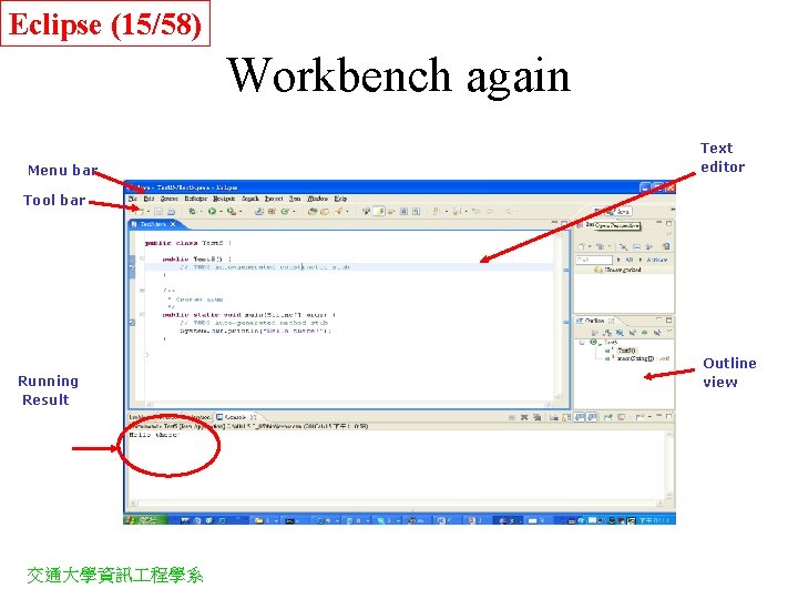 Eclipse (15/58) Workbench again Menu bar Text editor Tool bar Running Result 交通大學資訊 程學系