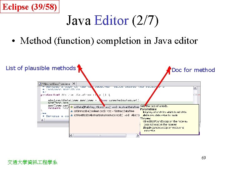 Eclipse (39/58) Java Editor (2/7) • Method (function) completion in Java editor List of