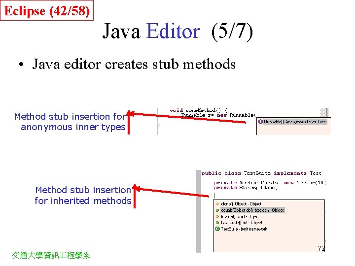 Eclipse (42/58) Java Editor (5/7) • Java editor creates stub methods Method stub insertion