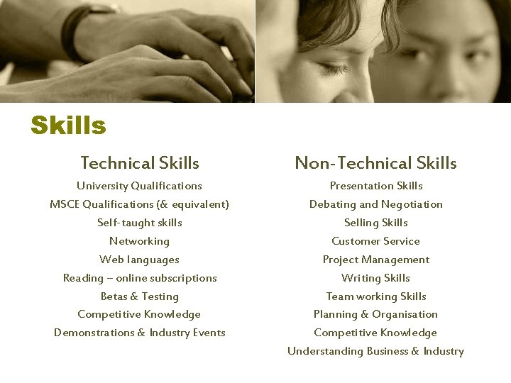 Skills Technical Skills Non-Technical Skills University Qualifications MSCE Qualifications (& equivalent) Self-taught skills Networking