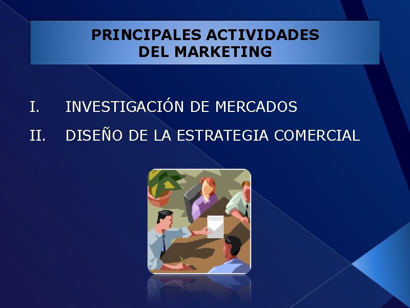 PRINCIPALES ACTIVIDADES DEL MARKETING I. INVESTIGACIÓN DE MERCADOS II. DISEÑO DE LA ESTRATEGIA COMERCIAL