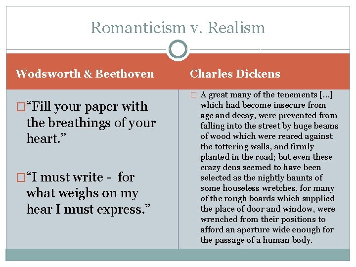 Romanticism v. Realism Wodsworth & Beethoven �“Fill your paper with the breathings of your