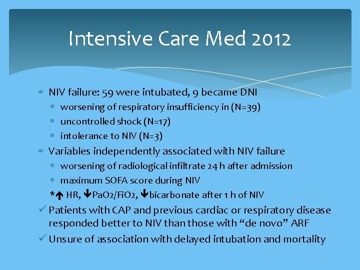 Intensive Care Med 2012 NIV failure: 59 were intubated, 9 became DNI worsening of