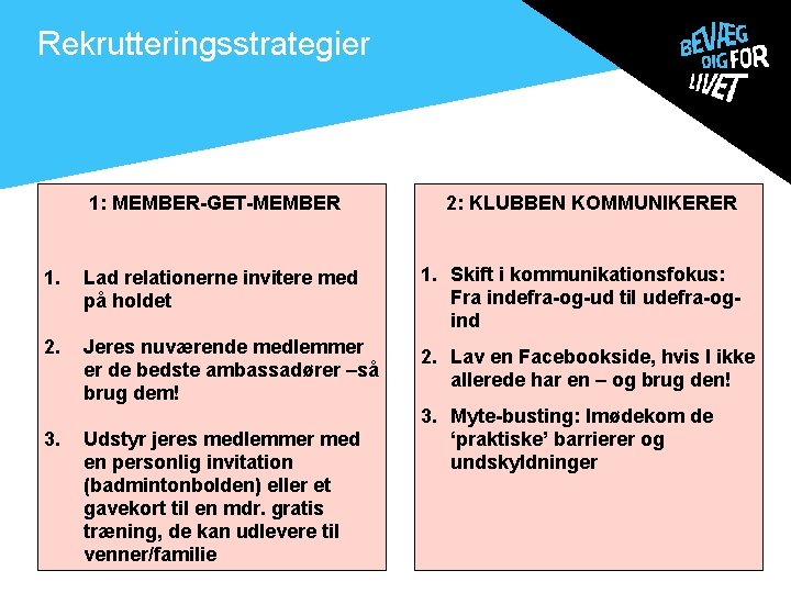 Rekrutteringsstrategier 1: MEMBER-GET-MEMBER . 2: KLUBBEN KOMMUNIKERER 1. Lad relationerne invitere med på holdet