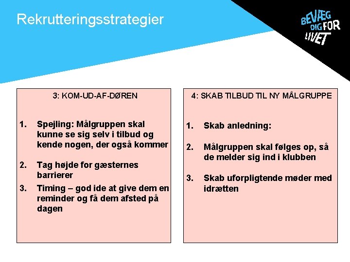 . Rekrutteringsstrategier 3: KOM-UD-AF-DØREN 1. 2. 3. Spejling: Målgruppen skal kunne se sig selv