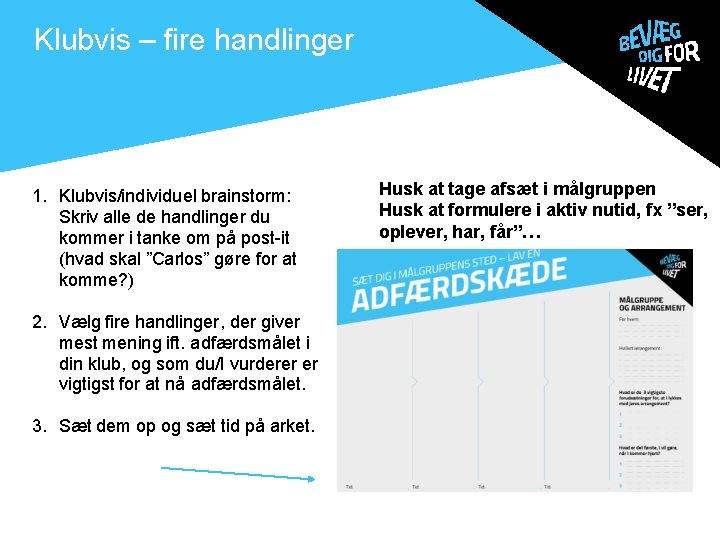 Klubvis – fire handlinger 1. Klubvis/individuel brainstorm: Skriv alle de handlinger du kommer i