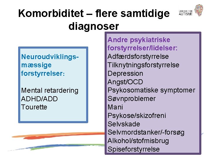 Komorbiditet – flere samtidige diagnoser Neuroudviklingsmæssige forstyrrelser: Mental retardering ADHD/ADD Tourette Andre psykiatriske forstyrrelser/lidelser: