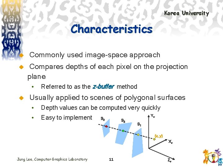 Korea University Characteristics u u Commonly used image-space approach Compares depths of each pixel