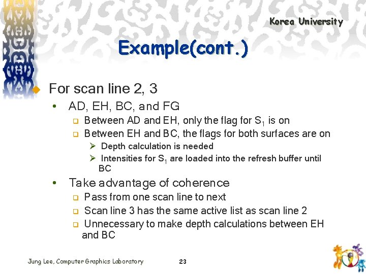 Korea University Example(cont. ) u For scan line 2, 3 • AD, EH, BC,