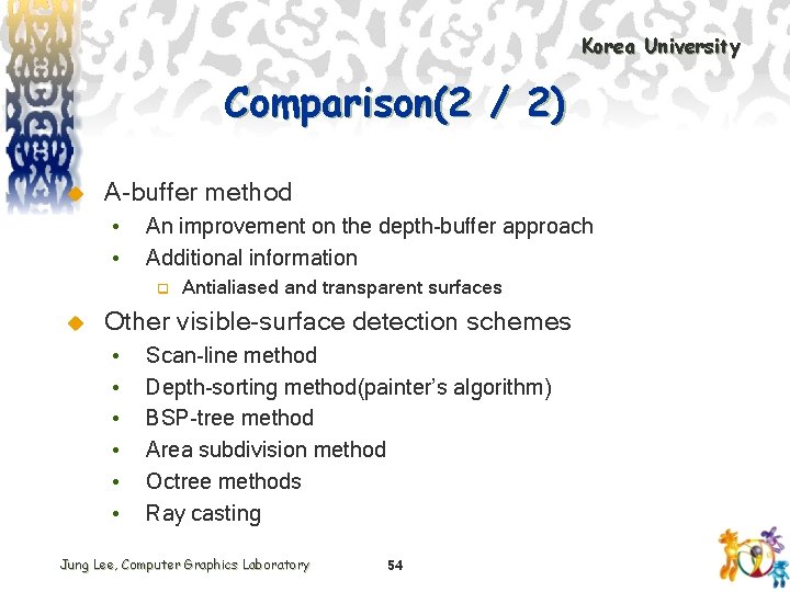 Korea University Comparison(2 / 2) u A-buffer method • • An improvement on the