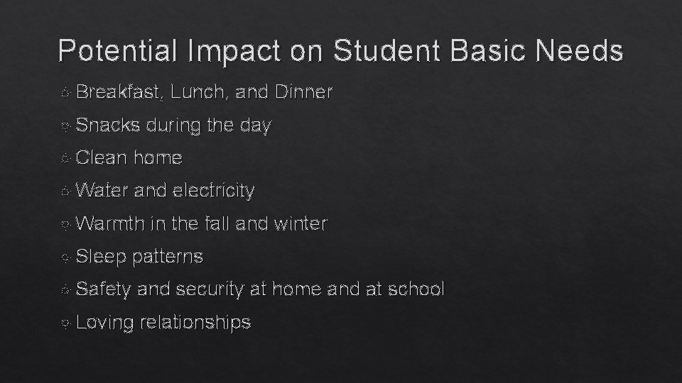 Potential Impact on Student Basic Needs Breakfast, Snacks Lunch, and Dinner during the day
