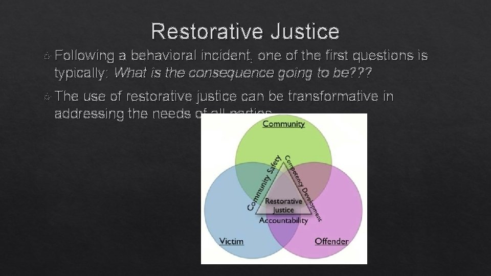 Restorative Justice Following a behavioral incident, one of the first questions is typically: What