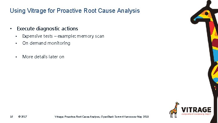 Using Vitrage for Proactive Root Cause Analysis • 10 Execute diagnostic actions • Expensive