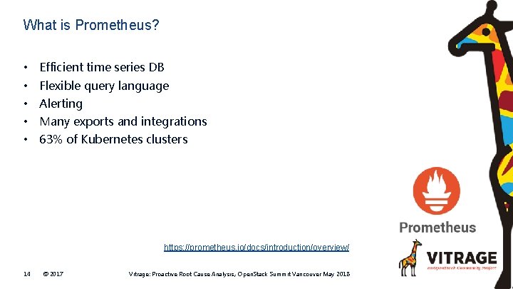 What is Prometheus? • Efficient time series DB • Flexible query language • Alerting
