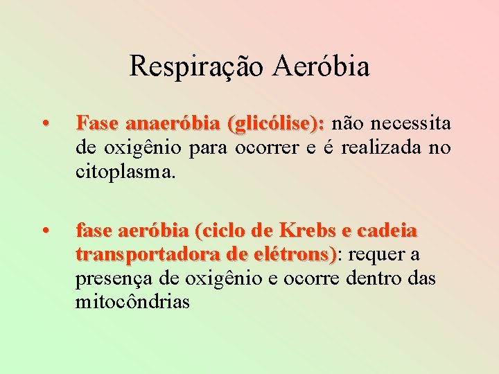 Respiração Aeróbia • Fase anaeróbia (glicólise): não necessita de oxigênio para ocorrer e é