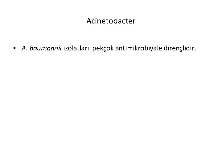 Acinetobacter • A. baumannii izolatları pekçok antimikrobiyale dirençlidir. 