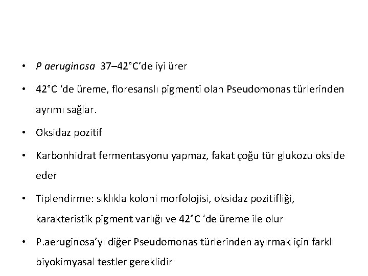  • P aeruginosa 37– 42°C’de iyi ürer • 42°C ‘de üreme, floresanslı pigmenti