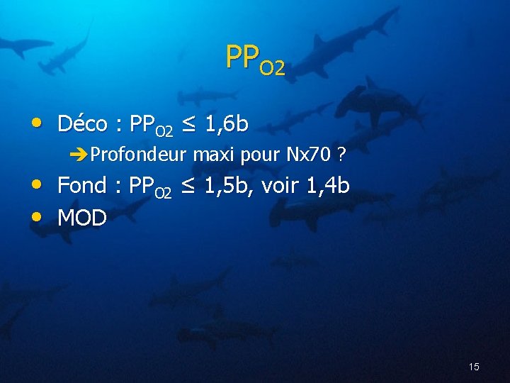 PPO 2 • Déco : PPO 2 ≤ 1, 6 b Profondeur maxi pour