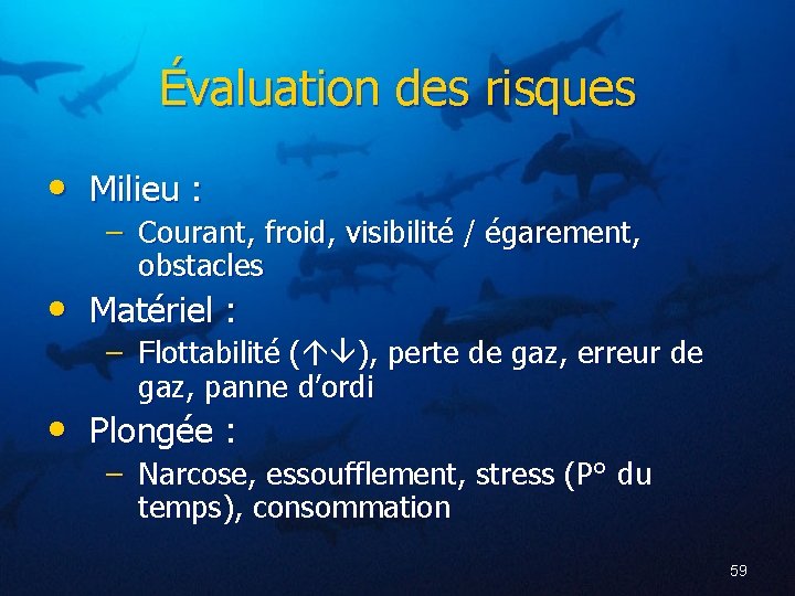 Évaluation des risques • Milieu : – Courant, froid, visibilité / égarement, obstacles •