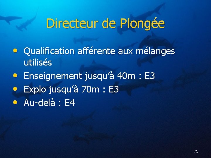 Directeur de Plongée • Qualification afférente aux mélanges • • • utilisés Enseignement jusqu’à