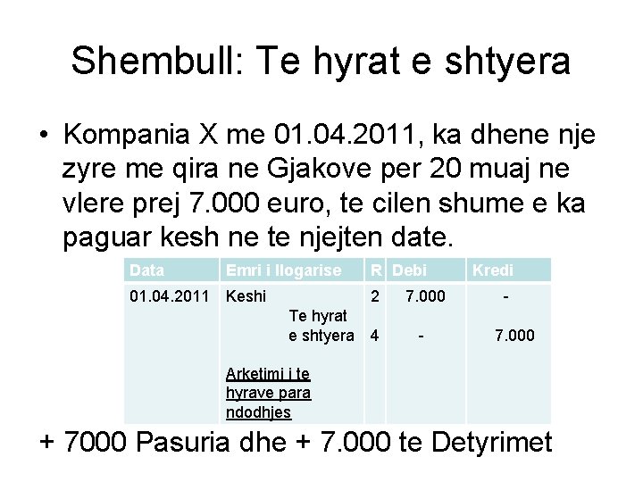 Shembull: Te hyrat e shtyera • Kompania X me 01. 04. 2011, ka dhene