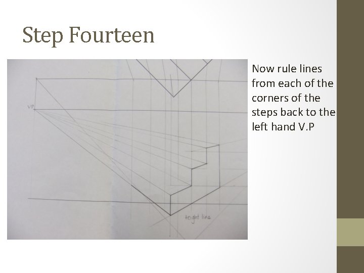 Step Fourteen Now rule lines from each of the corners of the steps back