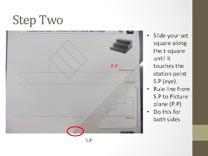 Step Two P. P S. P • Slide your set square along the t-square