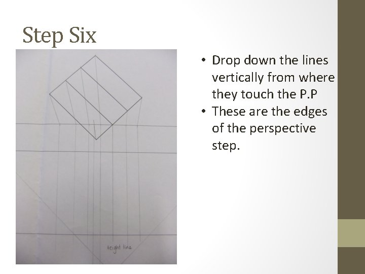 Step Six • Drop down the lines vertically from where they touch the P.