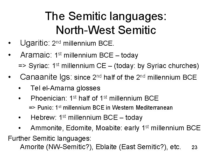 The Semitic languages: North-West Semitic • • Ugaritic: 2 nd millennium BCE. Aramaic: 1