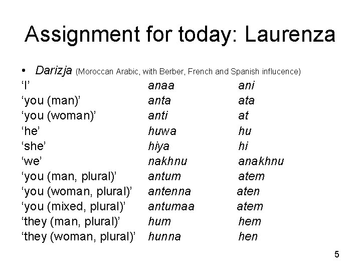 Assignment for today: Laurenza • Darizja (Moroccan Arabic, with Berber, French and Spanish influcence)